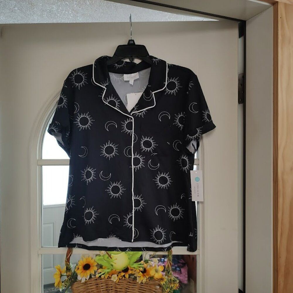 New Bobeau Black Sun And Moon Notch Collar Shorts sleep Set Women's L
